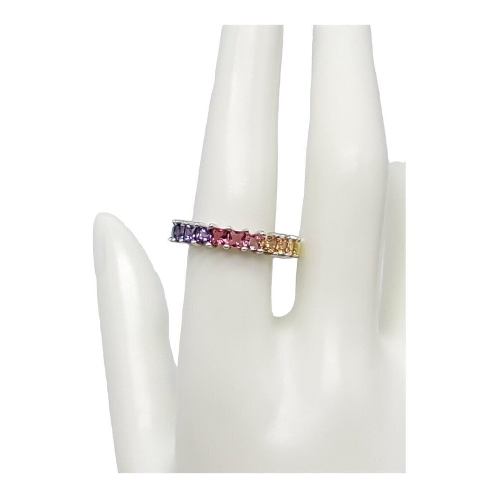 GM .925 Sterling Silver Rainbow Multi-Color Stone Eternity Ring Size 8